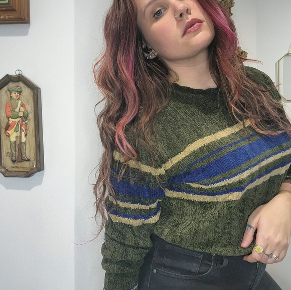 Vintage 2000s Y2k Acrylic Shiny Knit Cropped Sweater Green Stripe Womens S* - Picture 8 of 8